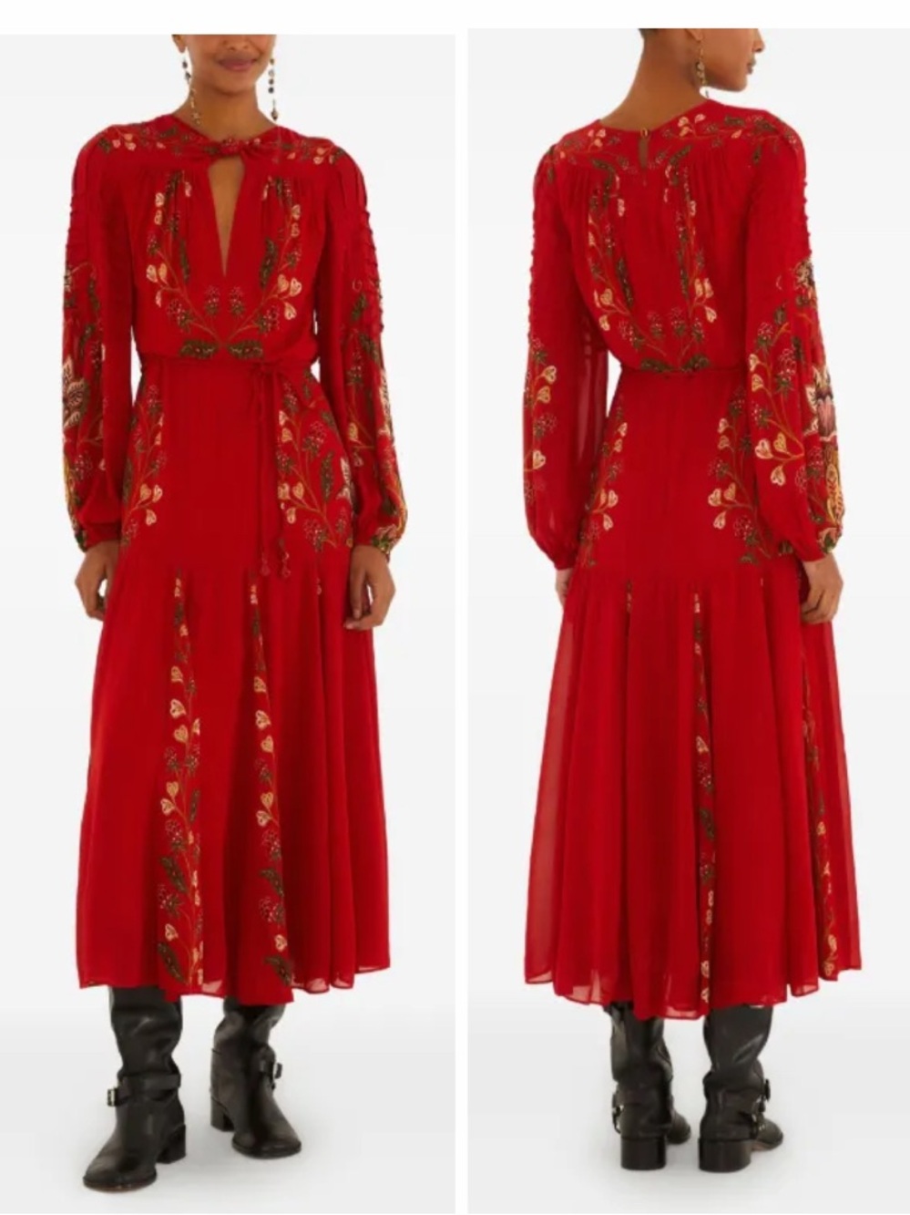 FARM Rio floral-embroidered Red Berry Garden Long Sleeve Pleated Maxi Dress L